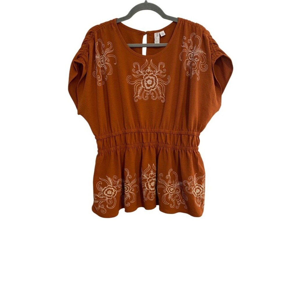 Cato Women’s XL Rust Embroidered Peplum Top Keyhole Back Boho Preppy Casual